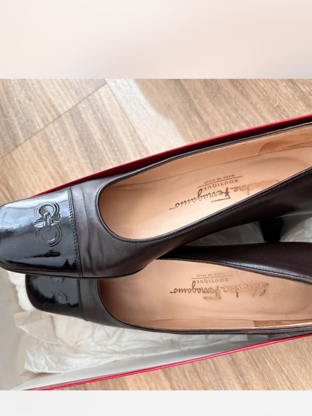 Salvatore Ferragamo Brown Leather Pumps with Black Patent Toe